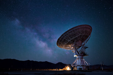 large satellite dish in the middle of a vast desert with a starry sky in the background