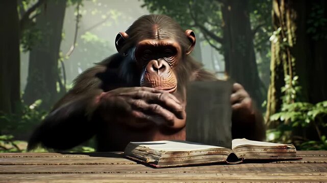 Captivating Portrait of Chimpanzee immersed in Reading an Ancient Book Amidst Lush Jungle Foliage and Verdant Greenery on a Wooden Table in Natural Lighting at Eye Level Perspective, Perfect for