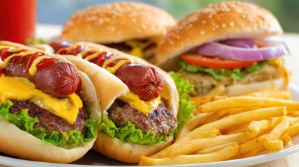 The mouthwatering assortment of burgers and hotdogs with crispy fries.