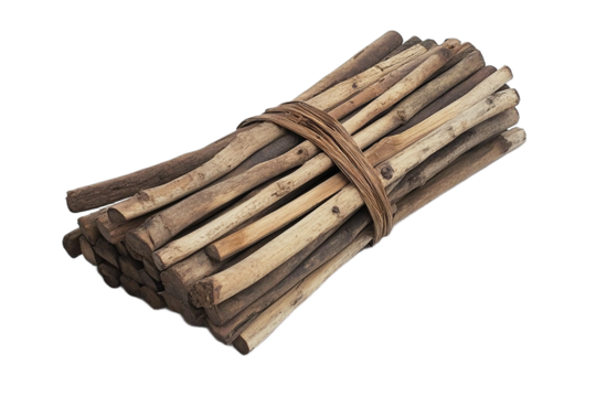 Rustic bundle of wooden sticks tied tightly together on transparent background