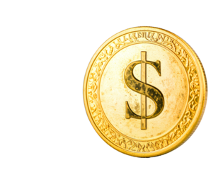 gold coin with dollar sign isolated on transparent background.