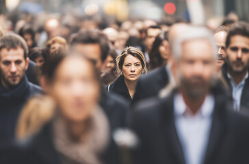Fototapeta premium Blurred crowd of people walking down the street, with some wearing business attire