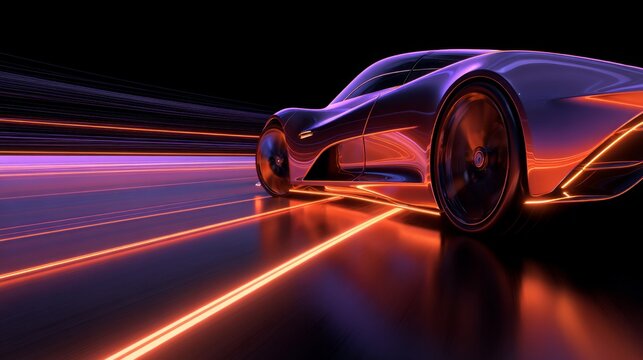 a digital rendering of a futuristic sports car in motion, with vibrant neon lighting streaking through the background on a dark track, creating a dynamic, high tech vibe