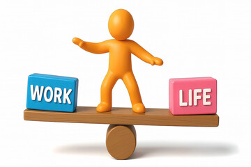 Work life balance concept, happy life, happy work. words work and life on wooden seesaw balancing on white background. 3d illustration.
