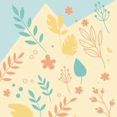 Floral and botanical pattern design with pastel color palette. Abstract elements arranged on a light beige background with accents of teal, peach, and pale yellow.