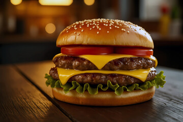 Close-up home made double cheese beef burger on wooden table.