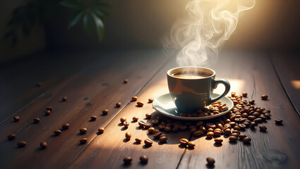 Cup of coffee with coffee beans on wooden table with sunlight.