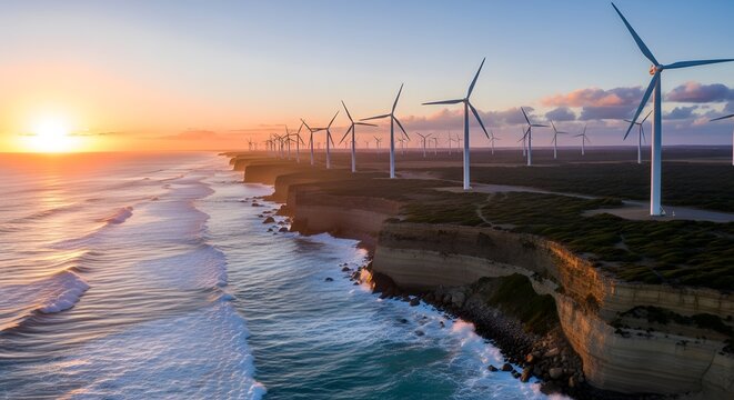 Wind turbines stand along a coastal cliff at sunset, generating renewable energy.