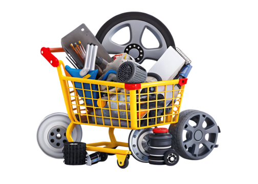 Yellow shopping cart filled with auto parts isolated on a transparent background