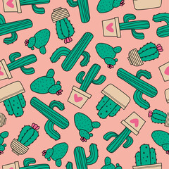 Patrón de cactus verdes con macetas decorativas sobre fondo rosa