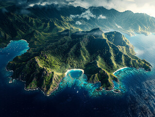 Aerial view of lush green island, turquoise bays, and dramatic mountains