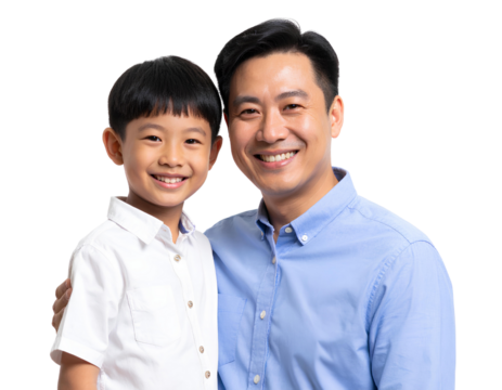 Father and son smiling, father looking at his son on a transparent background.