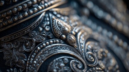 a close up view of an ornate piece of armor, displaying intricate patterns and embellishments
