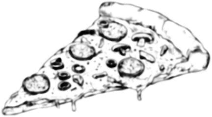 Halftone black and white pizza slice with dripping cheese illustration