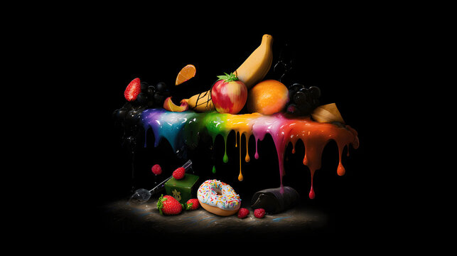 Surreal still life of artificially perfect food melting into darkness, symbolizing modern dietary contradictions.
