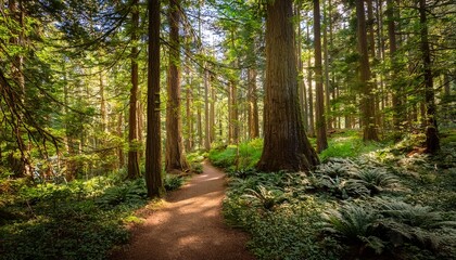 Obraz premium explore a serene forest trail surrounded by towering trees in a vibrant landscape during midday