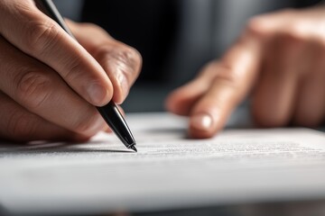 Close up of a person signing a document with a black pen, finger points to the text. Concept for business agreement, contract signature and legal authorization
