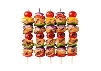 Glistening grilled chicken and vegetable skewers (kebabs) with bell peppers, onion, and cherry tomatoes, slight char, on a clean transparent background, no shadows. Concept for food advertising
