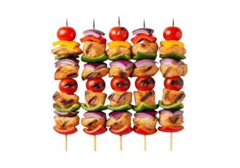 Glistening grilled chicken and vegetable skewers (kebabs) with bell peppers, onion, and cherry tomatoes, slight char, on a clean transparent background, no shadows. Concept for food advertising