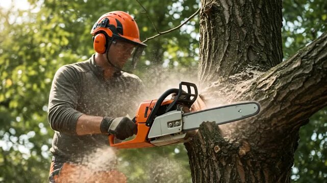 Man Cutting Tree Branch with Chainsaw Wearing Safety Gear
