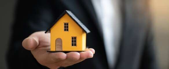 The hand holding a small yellow house symbolizes real estate investment opportunities.