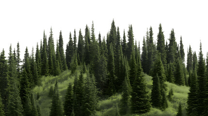Fototapeta premium dense forest of tall, green pine trees on grassy hill isolated on white background