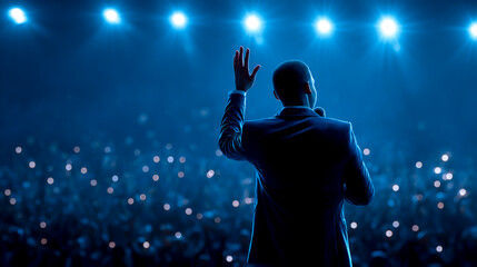 A confident man,  standing on stage with waving at an audience of people