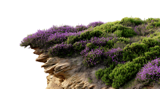vibrant purple and green plants thriving on  rocky cliffside isolated on white background