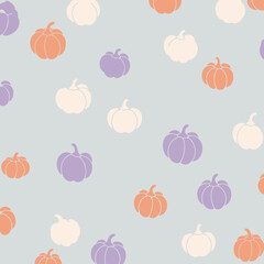 Pumpkin pattern in pastel colors with a light gray background. Simple, decorative pumpkins in orange, purple, and cream colors create a repetitive design on a subtle diagonal pattern background.