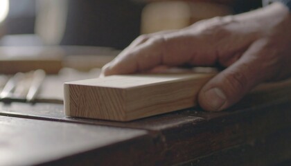 Close-up of woodworker's hand examining a piece of light-colored wood