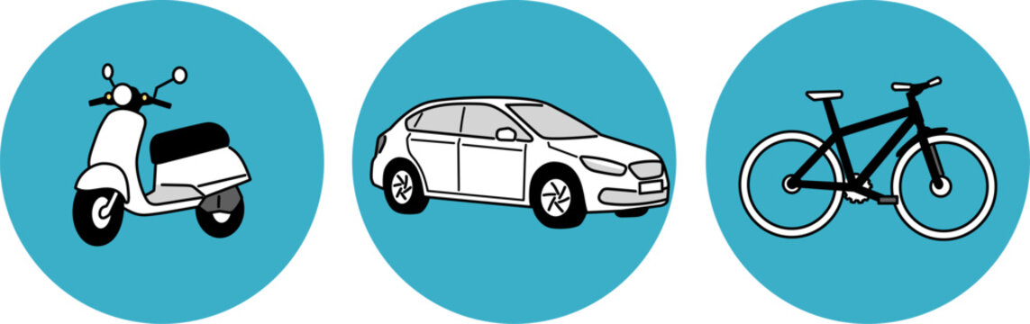 シンプルな乗り物のイラスト　車　自転車　バイク