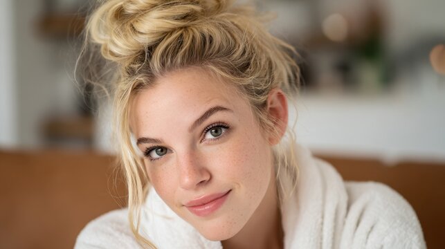 A young woman with a playful hairstyle gazes thoughtfully at the camera, exuding a sense of warmth and approachability in a cozy indoor setting.