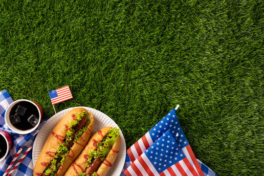 Labor Day and Independence Day celebration concept featuring a picnic party on grass with American colors and foods including hot dogs and drinks, symbolizing a festive and patriotic atmosphere