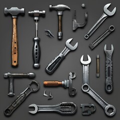 Assorted tools including hammers and wrenches on dark background  
