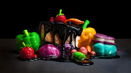 Surreal still life of artificially perfect food melting into darkness, symbolizing modern dietary contradictions.
