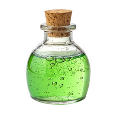 Small glass bottle filled with vibrant green liquid and bubbles isolated on transparent background
