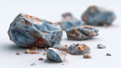 Blue rusty rocks scattered on white background