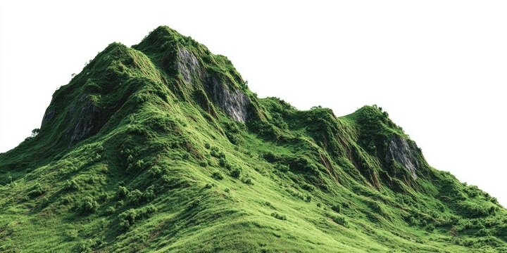 Lush green mountain peak against white