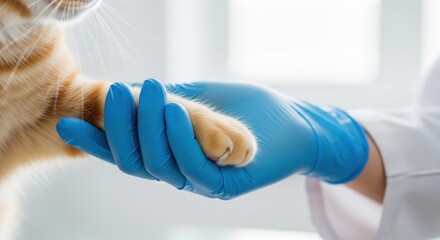 A vet wearing gloves gently holding a cat’s paw during an exam. Symbol of trust, veterinary care, and emotional connection between human and pet