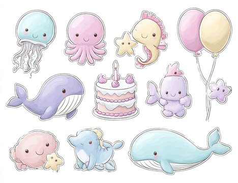 Cute cartoon sea creatures and birthday items