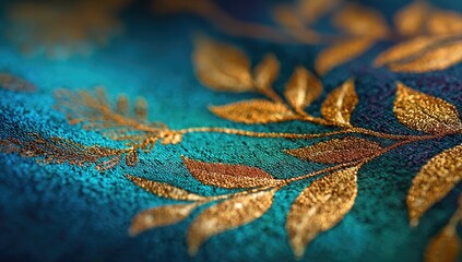 Fototapeta premium Teal fabric with gold leaf embroidery, close-up