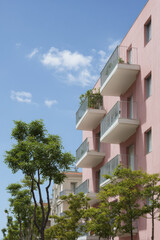 Obraz premium modern architectural facades without people featuring strikingly colorful residential complexes