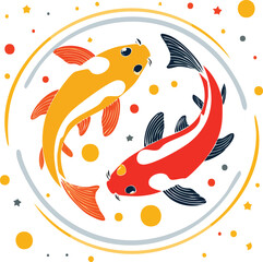 Swimming Koi Fish in Circle &ndash; Traditional Asian Watercolor Style