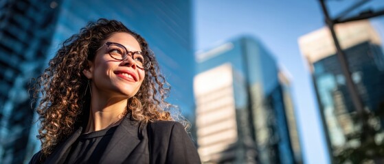 The confident woman enjoying the vibrant city skyline in brilliant sunlight.