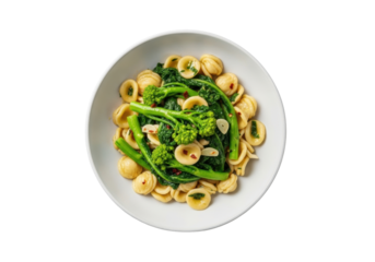 Perfectly plated orecchiette con cime di rapa, vibrant greens, garlic, red pepper, rustic bowl on clean transparent, bright studio light. Appetizing Italian dish