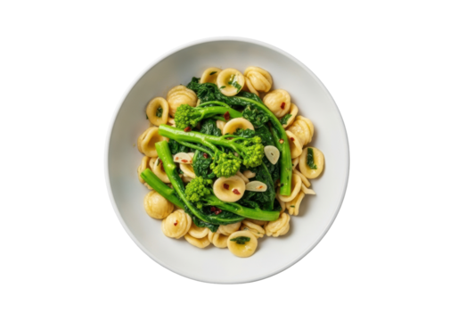 Perfectly plated orecchiette con cime di rapa, vibrant greens, garlic, red pepper, rustic bowl on clean transparent, bright studio light. Appetizing Italian dish