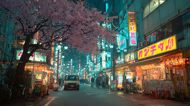 Night cityscape cherry blossoms japan street photography urban exploration travel destination 100 - Powered by Adobe