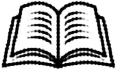Black and white open book icon with dotted design