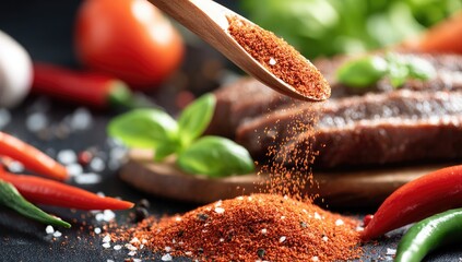 Wooden spoon pouring spice onto a raw steak. Fresh herbs, peppers, and vegetables surround the scene