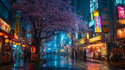 Fototapete Rund Tokio Night street scene in tokyo japan with cherry blossoms and neon lights for travel and tourism photos  © umer